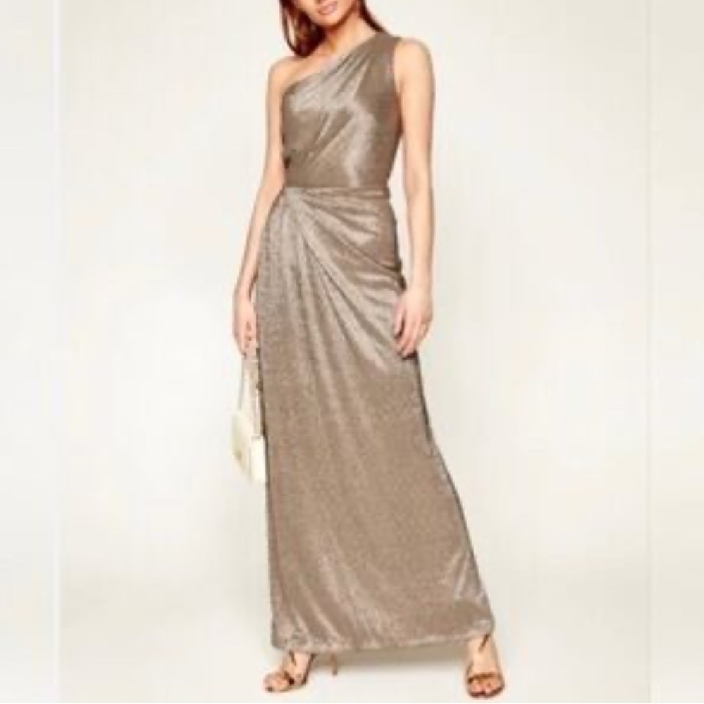 LAUREN by Ralph Lauren One-Shoulder Antique Gold Metallic Dress
